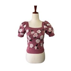 Willow & Wind Mauve Brandy Melville Floral Puff Sleeve Square Neck Top Size M
